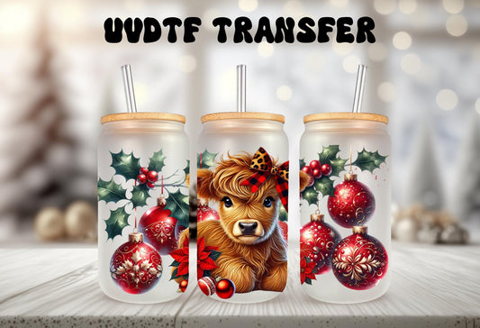 UVDTF Wrap Highland Cow Ornaments Poinsettia 16oz Can Glass Mug Tumbler, Ready to Apply, Permanent Waterproof Adhesive