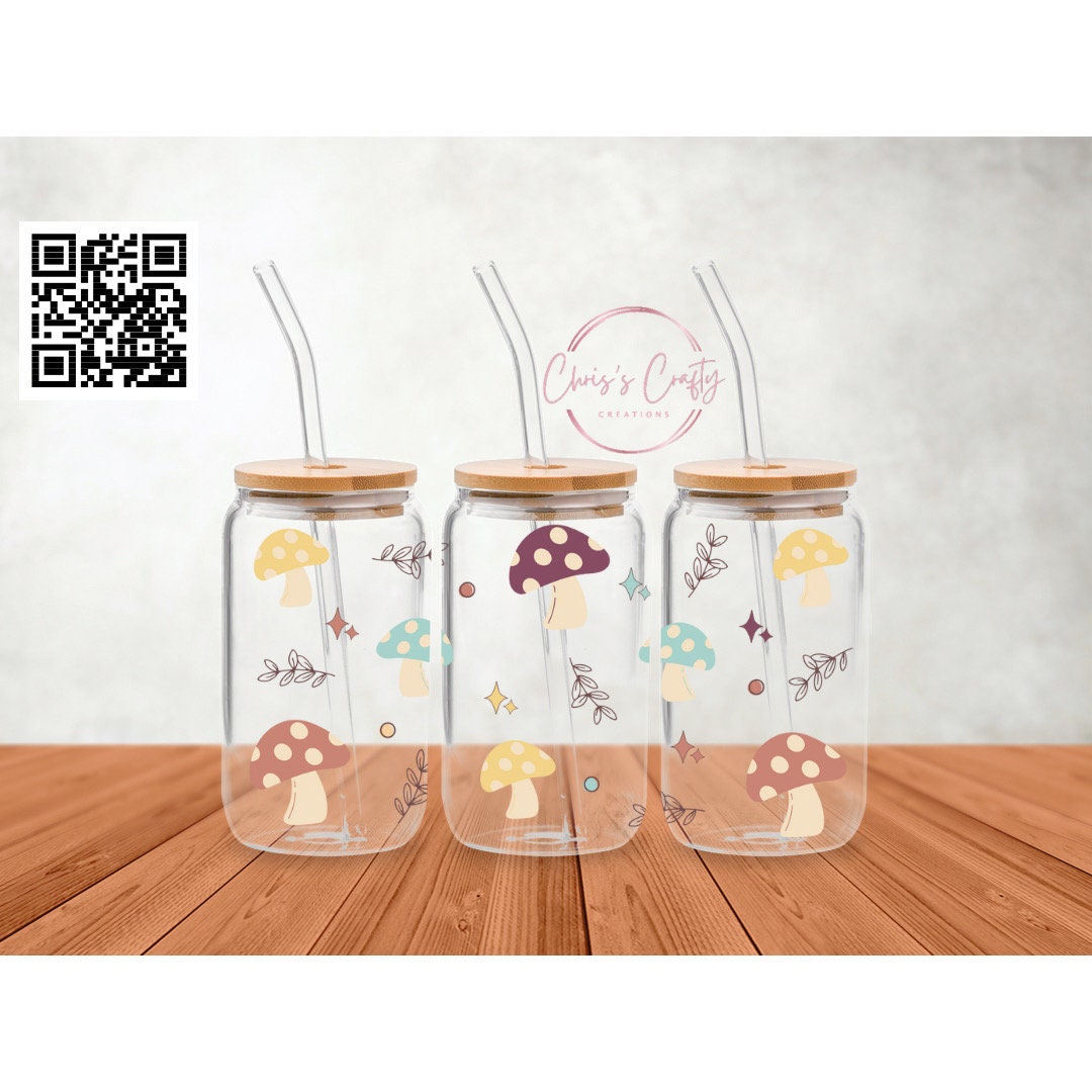 UVDTF Wrap Cute Mushrooms for 16oz Can Glass Mugs or Tumbler, Ready to apply, Permanent Waterproof Adhesive