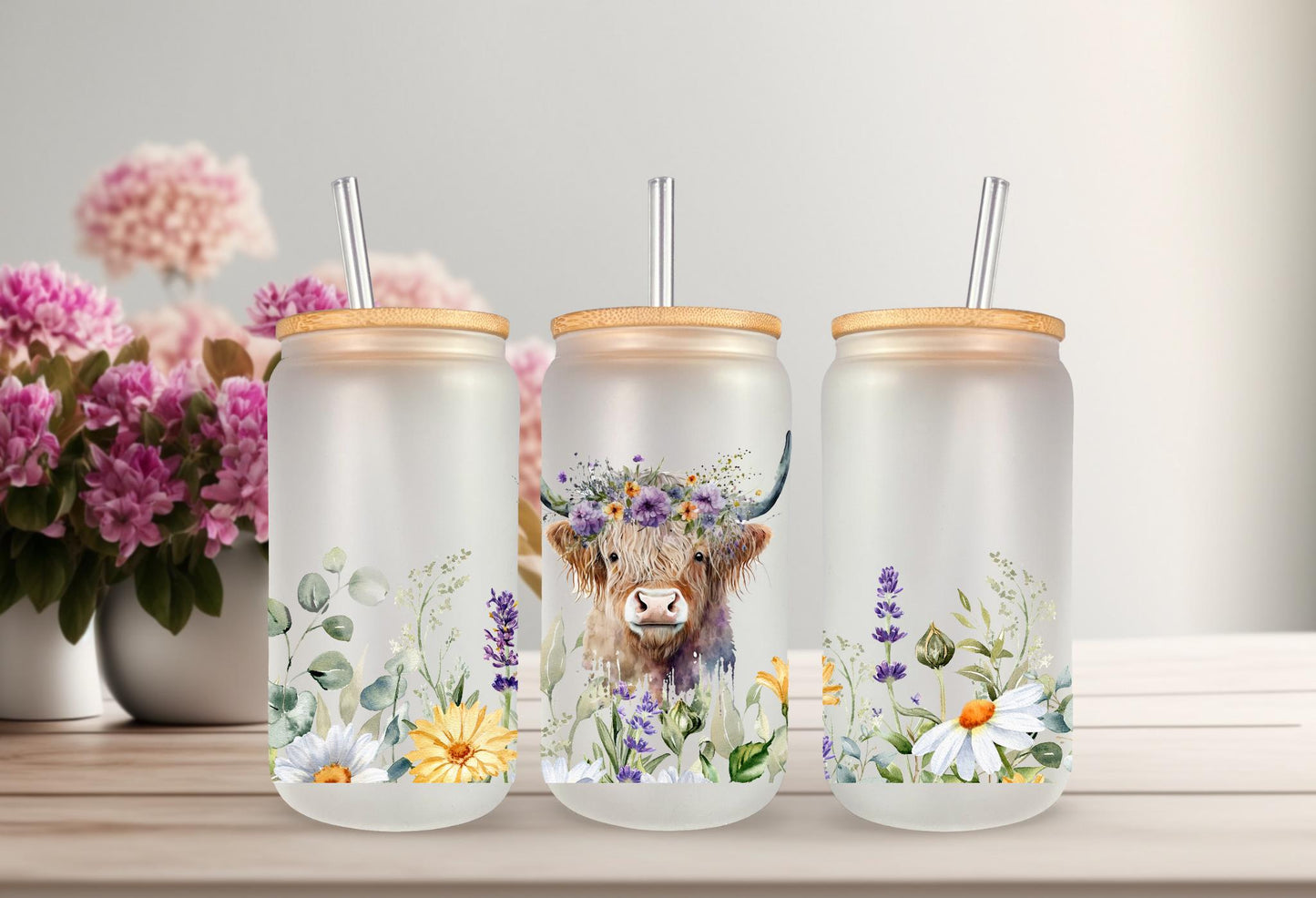 UVDTF Highland Cow Wild Flowers Daisies 16oz Can Glass Mug Tumbler, Cow Floral Wrap, Ready to Apply, Permanent Waterproof Adhesive