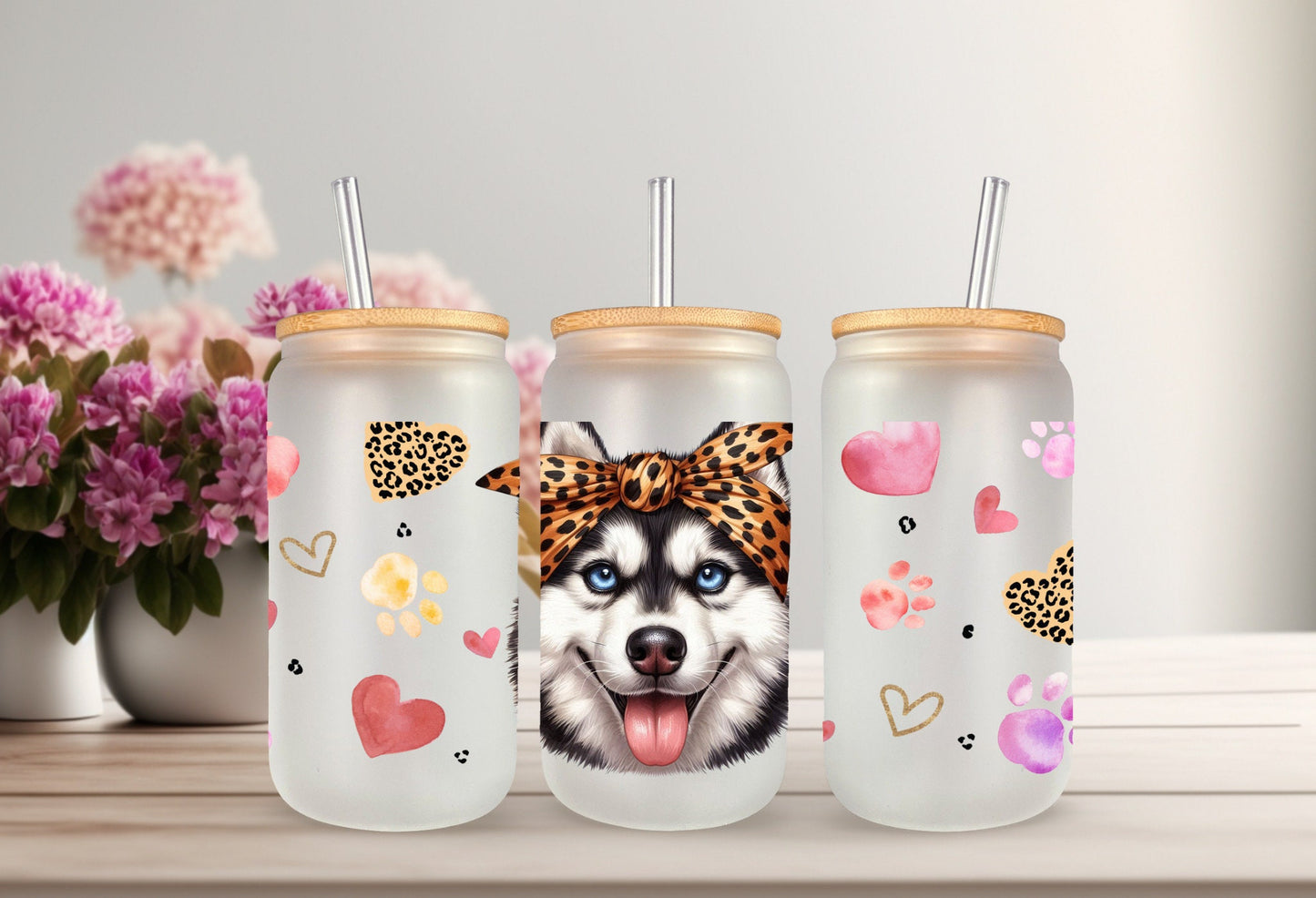 UVDTF Wrap Cute Husky 16 oz Can Glass Wrap, Mug Tumbler, Dog Mom, Ready to apply, Permanent Adhesive Waterproof