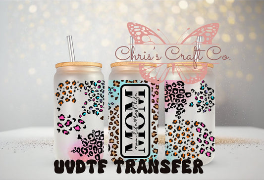 UVDTF Wrap Leopard Mom 16oz Can Glass Mug Tumbler, Mom Life Best Life, Ready to Apply, Permanent Waterproof Adhesive, Mom Gift