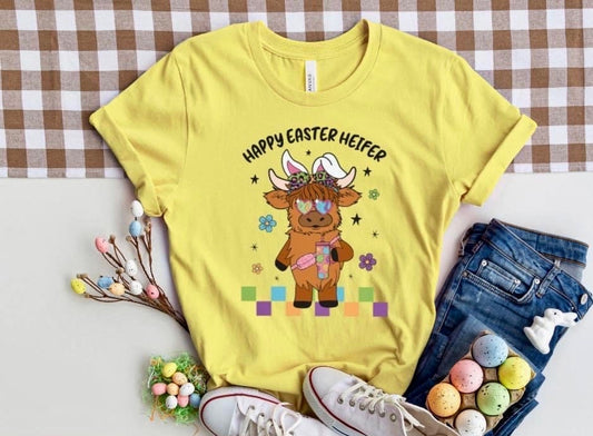 READY to press Transfer Highland Cow Happy Easter Heifer Colorful | Screen Print Transfer | Full Color Matte Clear Transfer