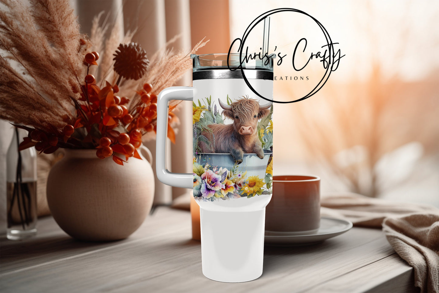 UVDTF Wrap Flower Highland Cow Tin Tub 16oz Can Glass Mug Tumbler, Ready to Apply, Permanent Waterproof Adhesive