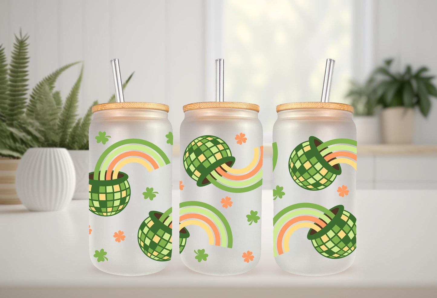 UVDTF Wrap Shamrock Rainbow Pot of Gold 16oz Can Glass Mug Tumbler, Ready to apply, Permanent Waterproof Adhesive