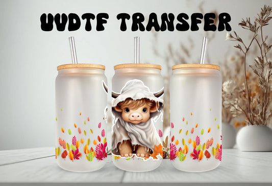 UVDTF Wrap Ghost Cow Floral 16oz Can Glass, Mug, Tumbler, Halloween Wrap, Double Sided Print Option, Ready to Apply, Permanent Adhesive