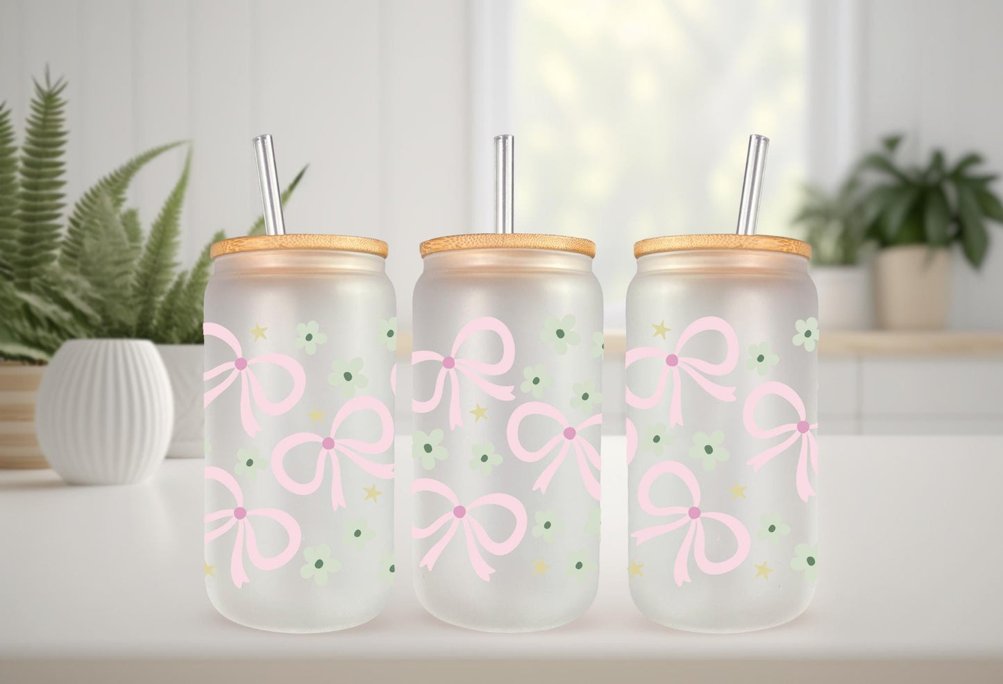 UVDTF Wrap Floral Bows Coquette 16oz Can Glass Mug Tumbler, Ready to Apply, Permanent Waterproof Adhesive, Double Sided Option