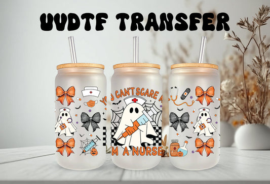 UVDTF Wrap Ghost You Can’t Scare Me I’m a Nurse Coquette Bows 16oz Can Glass, Mug,  40oz Tumbler, Halloween Wrap, Permanent Adhesive