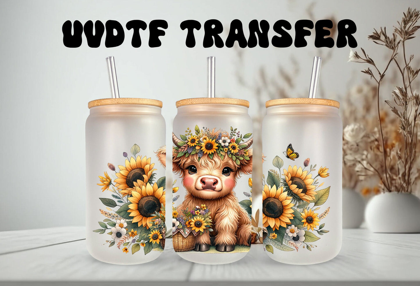 UVDTF Wrap Highland Cow Daisies Yellow for 16oz Can Glass, Mug Tumbler, Ready to apply, Permanent Adhesive, Double sided option