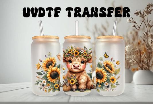 UVDTF Wrap Highland Cow Daisies Yellow for 16oz Can Glass, Mug Tumbler, Ready to apply, Permanent Adhesive, Double sided option