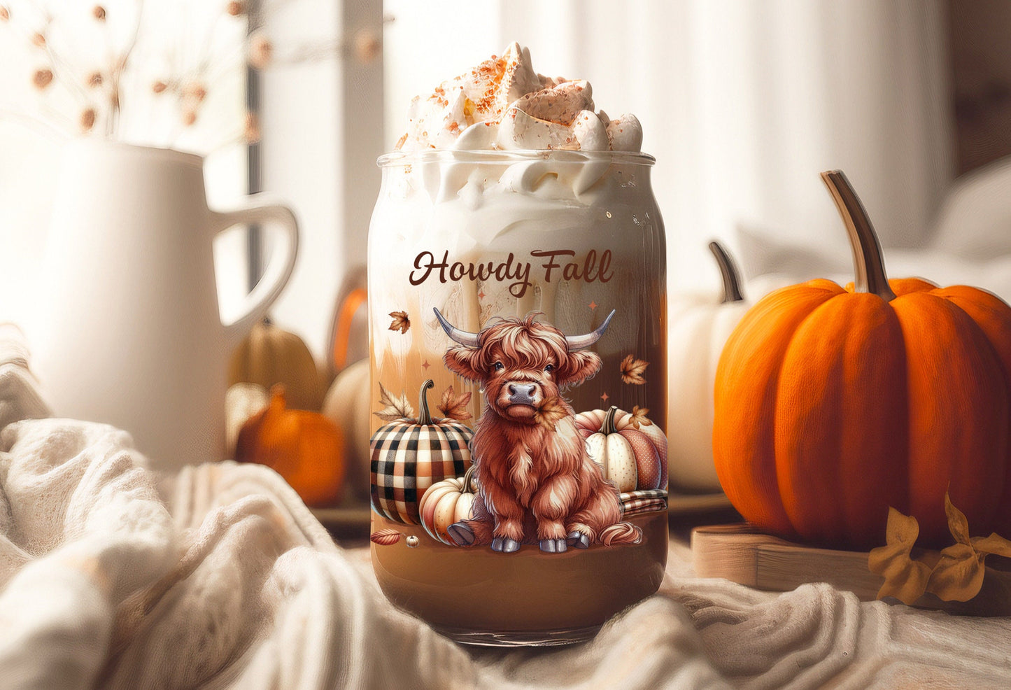 UVDTF Wrap Howdy Fall Highland Cow Coquette Bows for 16oz Can Glass Mug Tumbler, Ready to Apply, Permanent Waterproof Adhesive