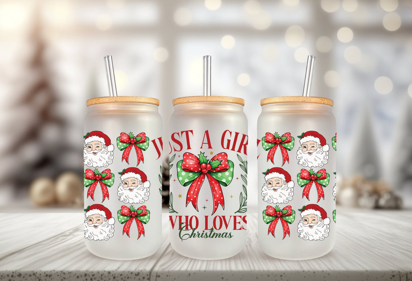UVDTF Wrap Just a Girl Who Loves Christmas Coquettes Bows 16oz Can Glass, Mug,  40oz  Tumbler, Ready to apply, Christmas Wrap