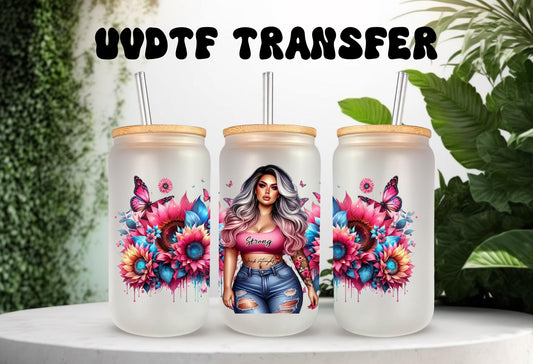 UVDTF Wrap Floral Butterfly Positive Quotes 16oz Can Glass Wrap Mug Tumbler, Strong Girl Wrap, Ready to Apply, Permanent Waterproof Adhesive
