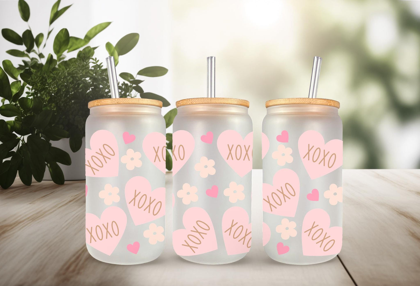 UVDTF Wrap Heart XOXO Valentine’s Floral 16oz Can Glass Mug Tumbler, Ready to Apply, Permanent Waterproof Adhesive