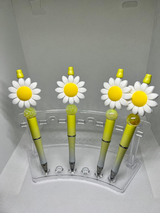 Daisy White Yellow Flower Beaded Pen, Flower Prn, Fun Pens Acrylic Beads, Custom Pen, Retractable Ink Pen, Gifts