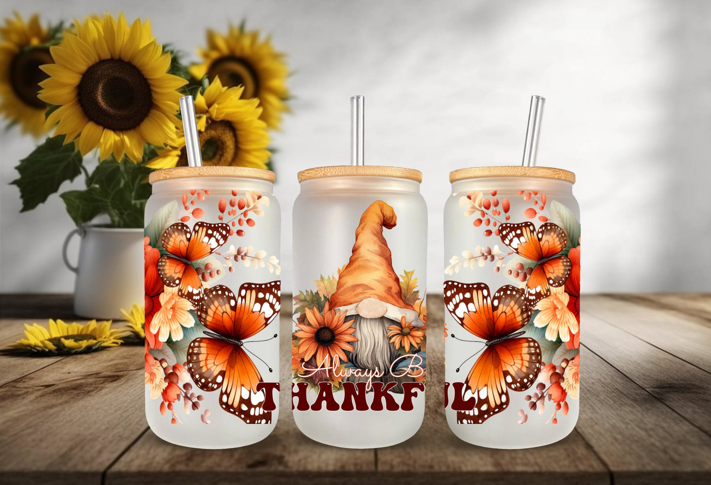 UVDTF Wrap Gnomes Always Be Thankful Floral Butterfly 16oz Can Glass, Mug,  40oz  Tumbler, Fall Wrap, Ready to apply, Permanent Adhesive