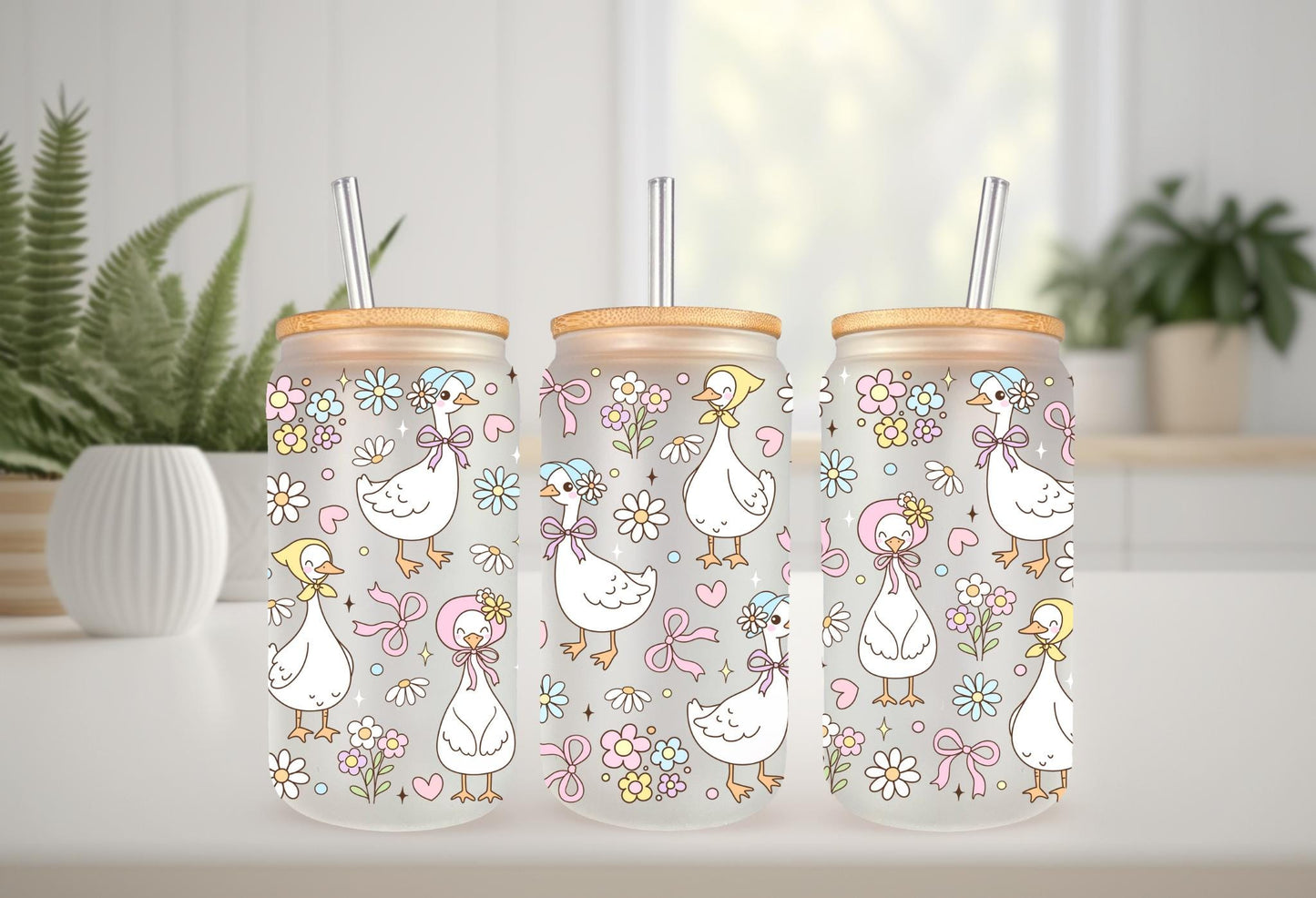 UVDTF Wrap Floral Mama Goose 16oz Can Glass Mug Tumbler Wrap, White Goose, Ready to apply, Permanent Waterproof Adhesive