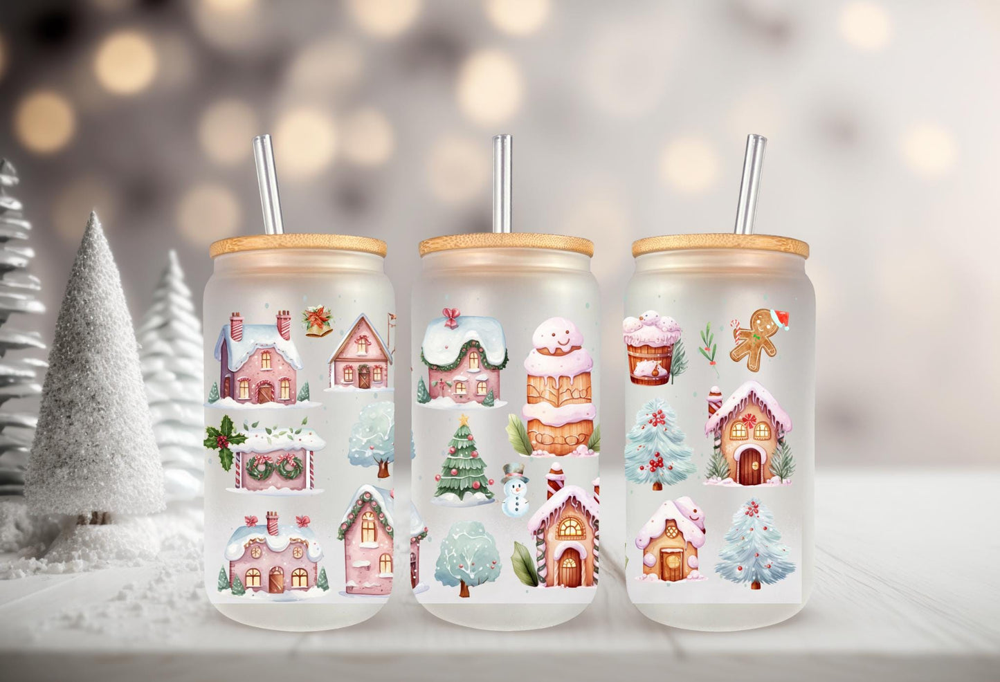 UVDTF Wrap Gingerbread House for 16 oz Can Glass Mug or Tumbler, Ready to Apply, Permanent Waterproof Adhesive