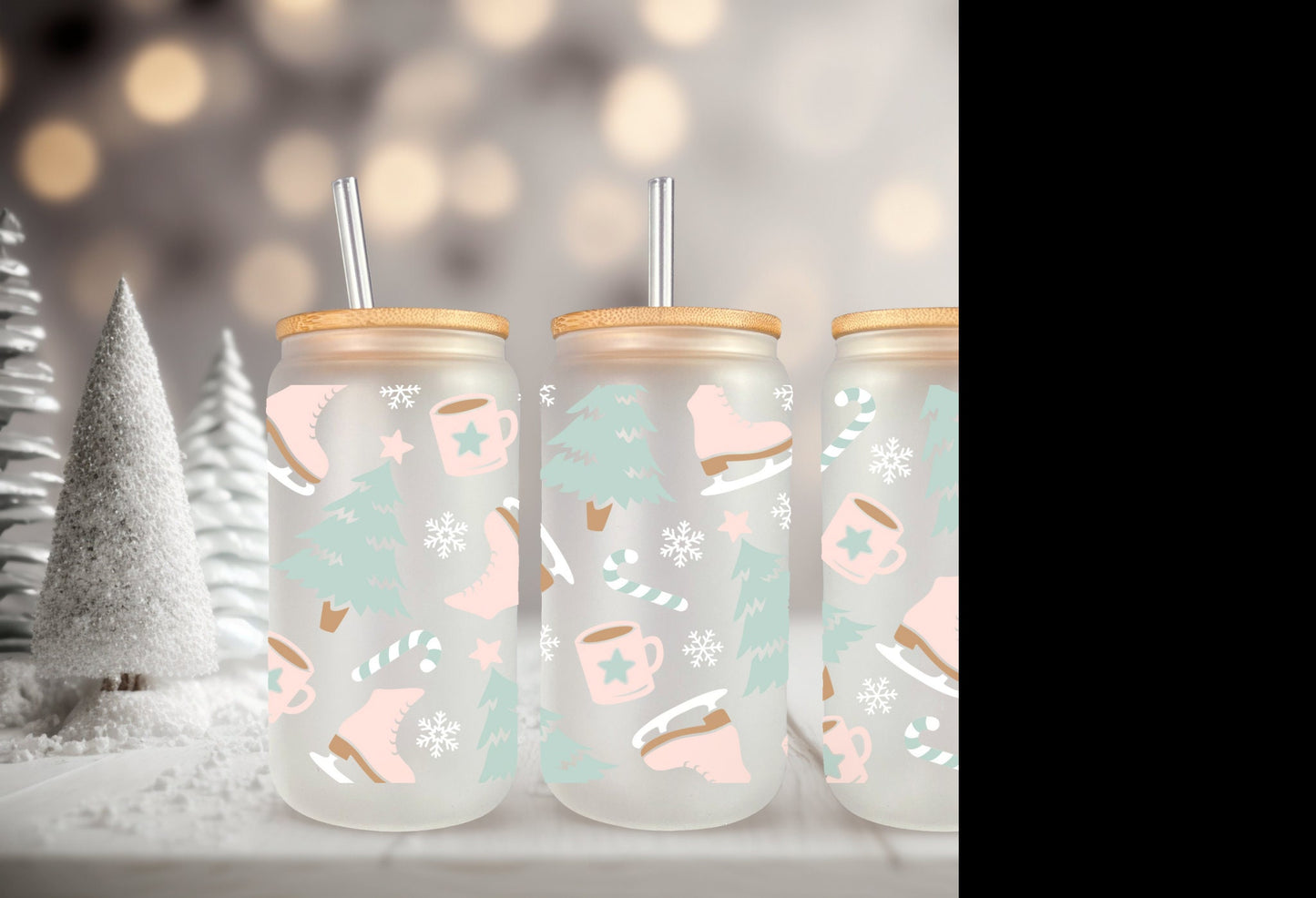 UVDTF Wrap Ice Skates Tree Snowflake Hot Cocoa for 16oz Can Glass Mug Tumbler, Winter Pastel Wrap, Ready to apply, Permanent Adhesive Waterproof