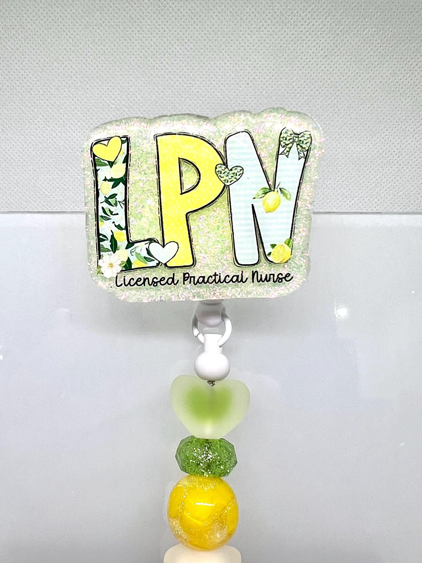 Glittery LPN Badge Reel – Lemon, Flower, and Heart Design for Licensed Practical Nurses, Retractable ID Holder