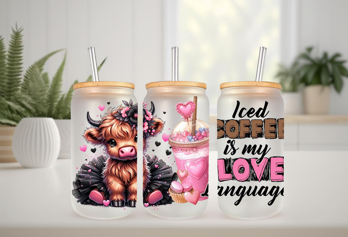 UVDTF Wrap Highland Cow Tutu Iced Coffee Love Language 16oz Can Glass Mug Tumbler Wrap, Ready to apply, Permanent Waterproof Adhesive