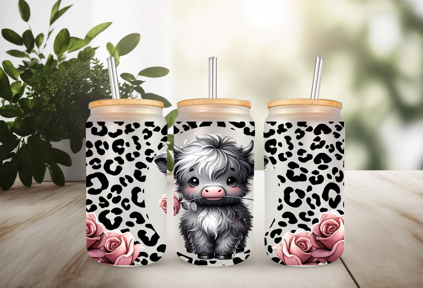 UVDTF Wrap Highland Cow Roses Leopard Print 16oz Can Glass Mug Tumbler Wrap, Geese Wrap, Ready to apply, Permanent Adhesive