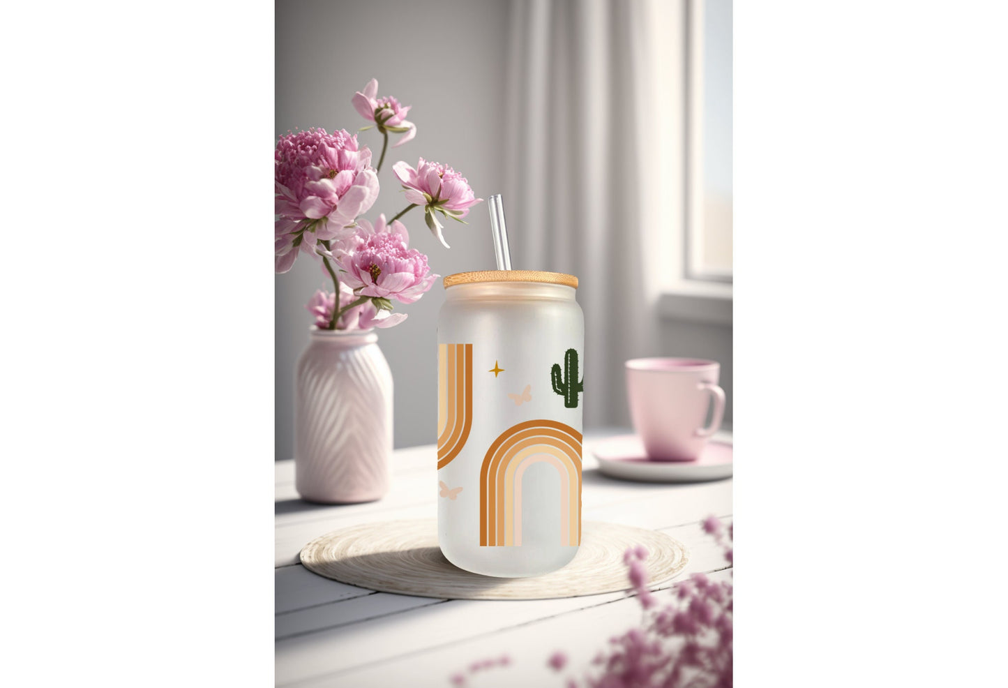 UVDTF Wrap Boho Cactus 16oz Can Glass, Mug, Tumbler, Ready to apply, Permanent Adhesive Waterproof
