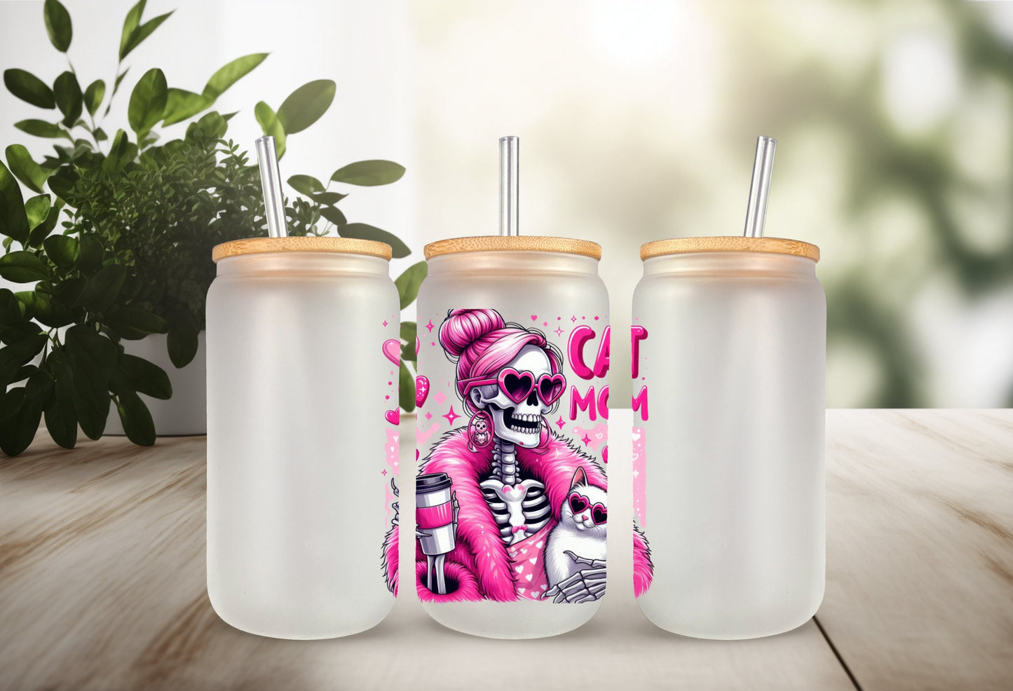 UVDTF Decal Cat Mom Retro Skeleton It’s a Throat P*nch Kind of Day 16oz Can Glass Mug Tumbler, Ready to Apply, Permanent Waterproof Adhesive