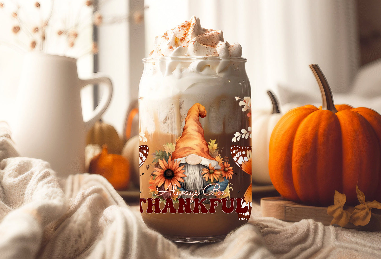 UVDTF Wrap Gnomes Always Be Thankful Floral Butterfly 16oz Can Glass, Mug,  40oz  Tumbler, Fall Wrap, Ready to apply, Permanent Adhesive