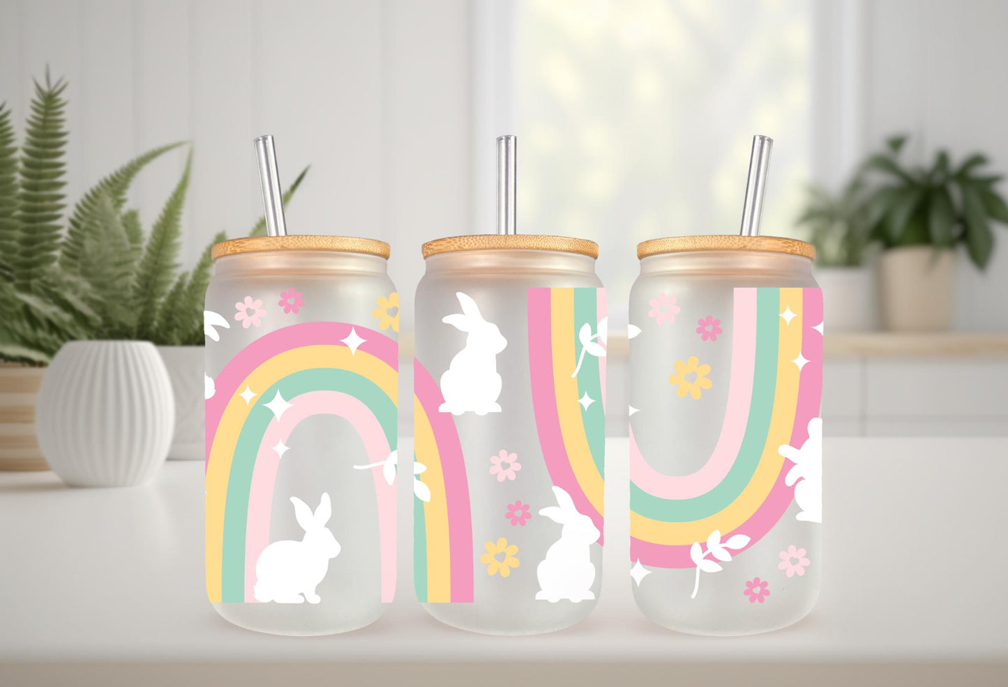 UVDTF Wrap Bunny Rainbow for 20oz Can Glass Mug Tumbler, Easter Wrap Ready to Apply, Permanent Waterproof Adhesive, Double Sided Print Option