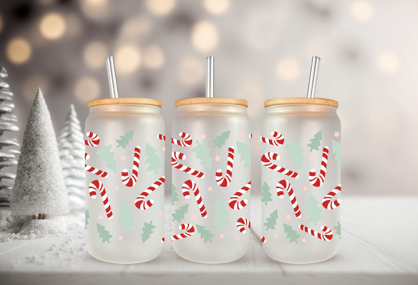 UVDTF Wrap Christmas Candy Canes Trees 16oz Can Glass Mug Tumbler, Ready to apply, Waterproof Permanent Adhesive