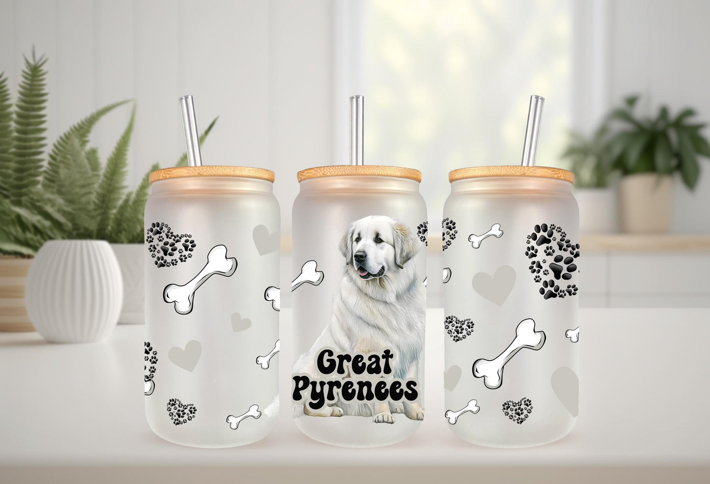 UVDTF Wrap Great Pyrenees 16oz Can Glass Mug Tumbler, Dog Wrap, Ready to apply, Permanent Waterproof Adhesive, Bundle Save Option