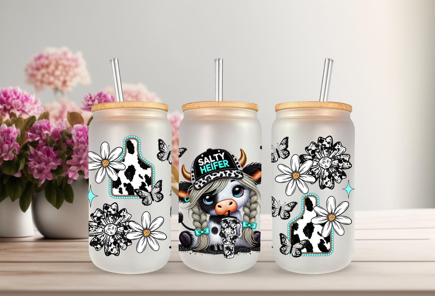 UVDTF Wrap Highland Cow Salty Heifer 16oz Can Glass Mug Tumbler Wrap, Cow Print, Ready to apply, Permanent Waterproof Adhesive