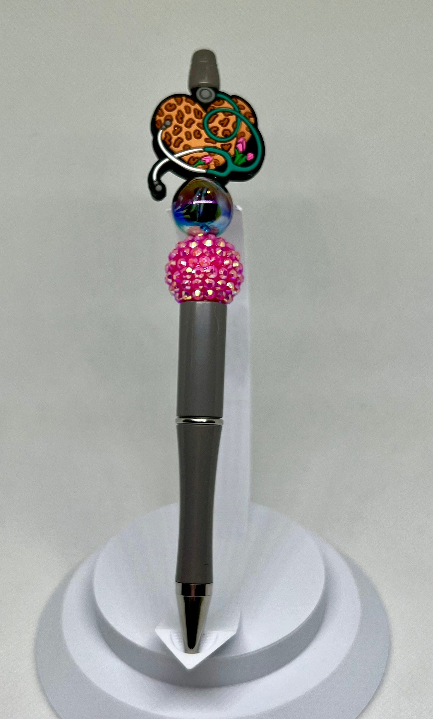 Medical Heart Stethoscope Beaded Pen, Leopard Print, Sarcastic Pen, Fun Pens Acrylic Beads, Custom Pen, Retractable Ink Pen, Graduation