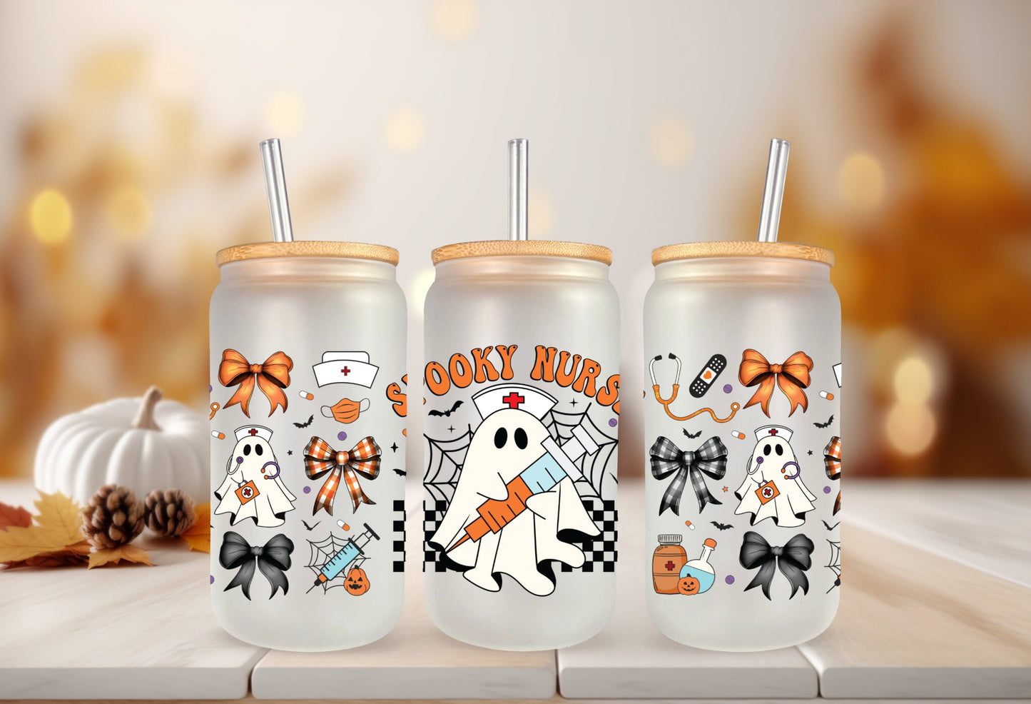 UVDTF Wrap Spooky Nurse Ghost Coquette Bows 16oz Can Glass, Mug, Tumbler, Halloween Wrap, Permanent Adhesive