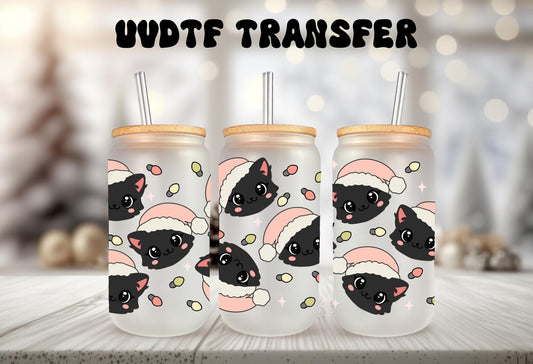 UVDTF Wrap Santa Cat Hat 16oz Can Glass Mug Tumbler, Cat Wrap, Ready to Apply, Waterproof Permanent Adhesive