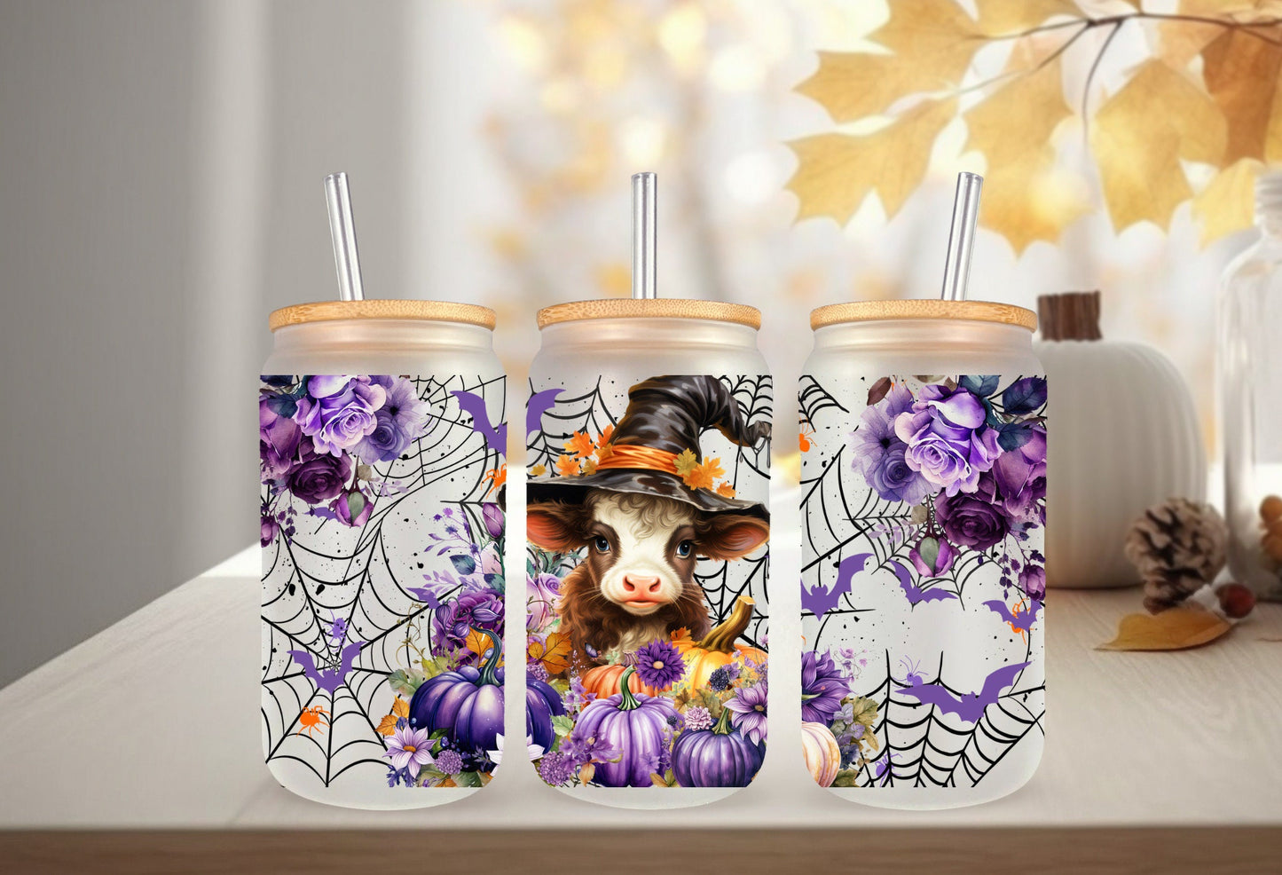 UVDTF Wrap Cow Witch Purple Floral Pumpkin 16oz Can Glass Mug Tumbler,  Ready to Apply, Permanent Waterproof Adhesive