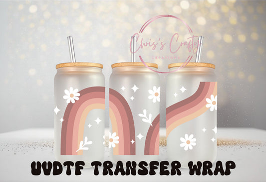 UVDTF Wrap Retro Mauve Rainbow Daisy 16oz Can Glass Mug Tumbler, Rainbow Wrap, Ready to apply, Permanent Waterproof Adhesive