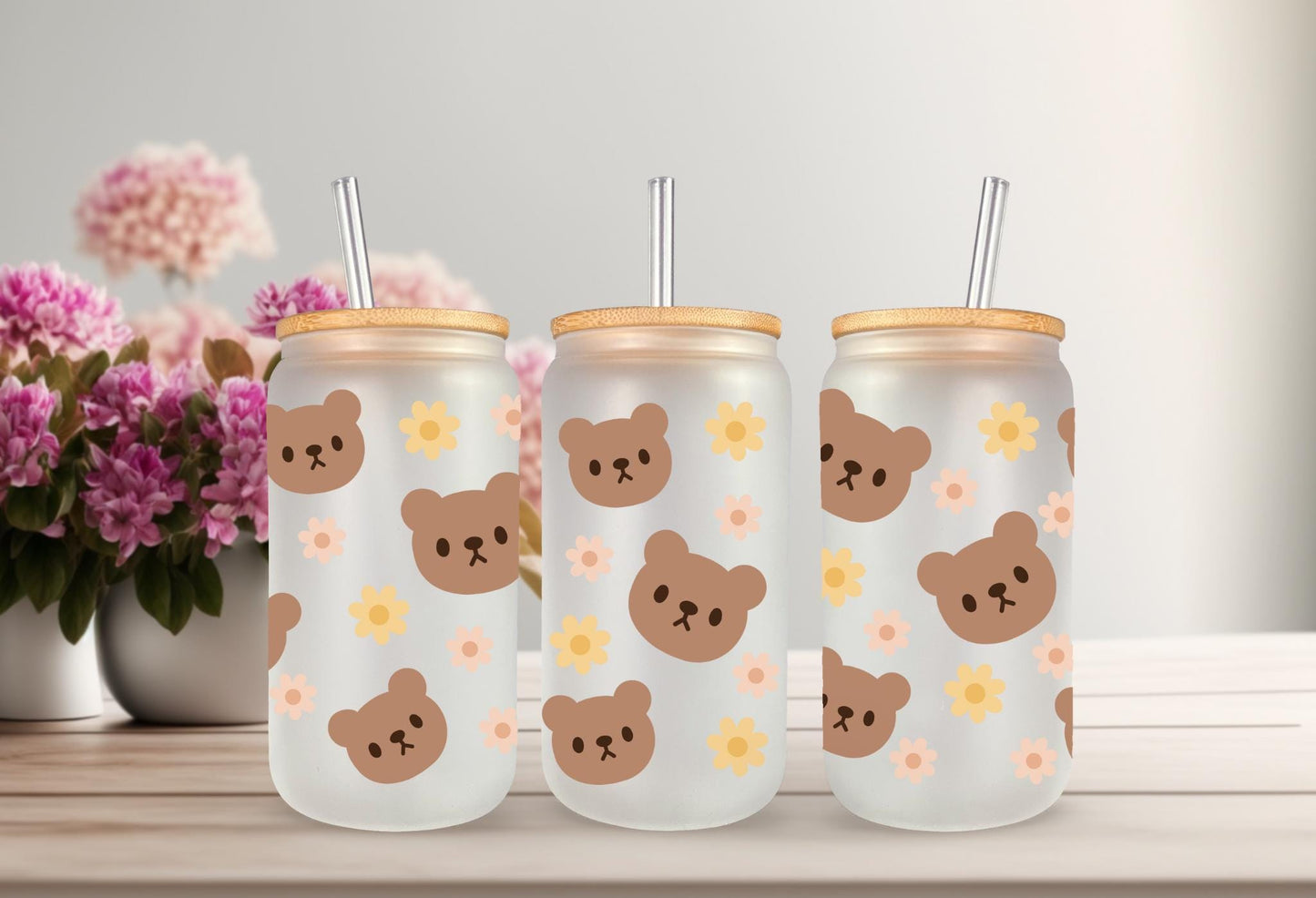 UVDTF Wrap Teddy Bear Light Brown 16oz Can Glass Mug Tumbler, Bear Wrap, Ready to Apply, Permanent Waterproof Adhesive