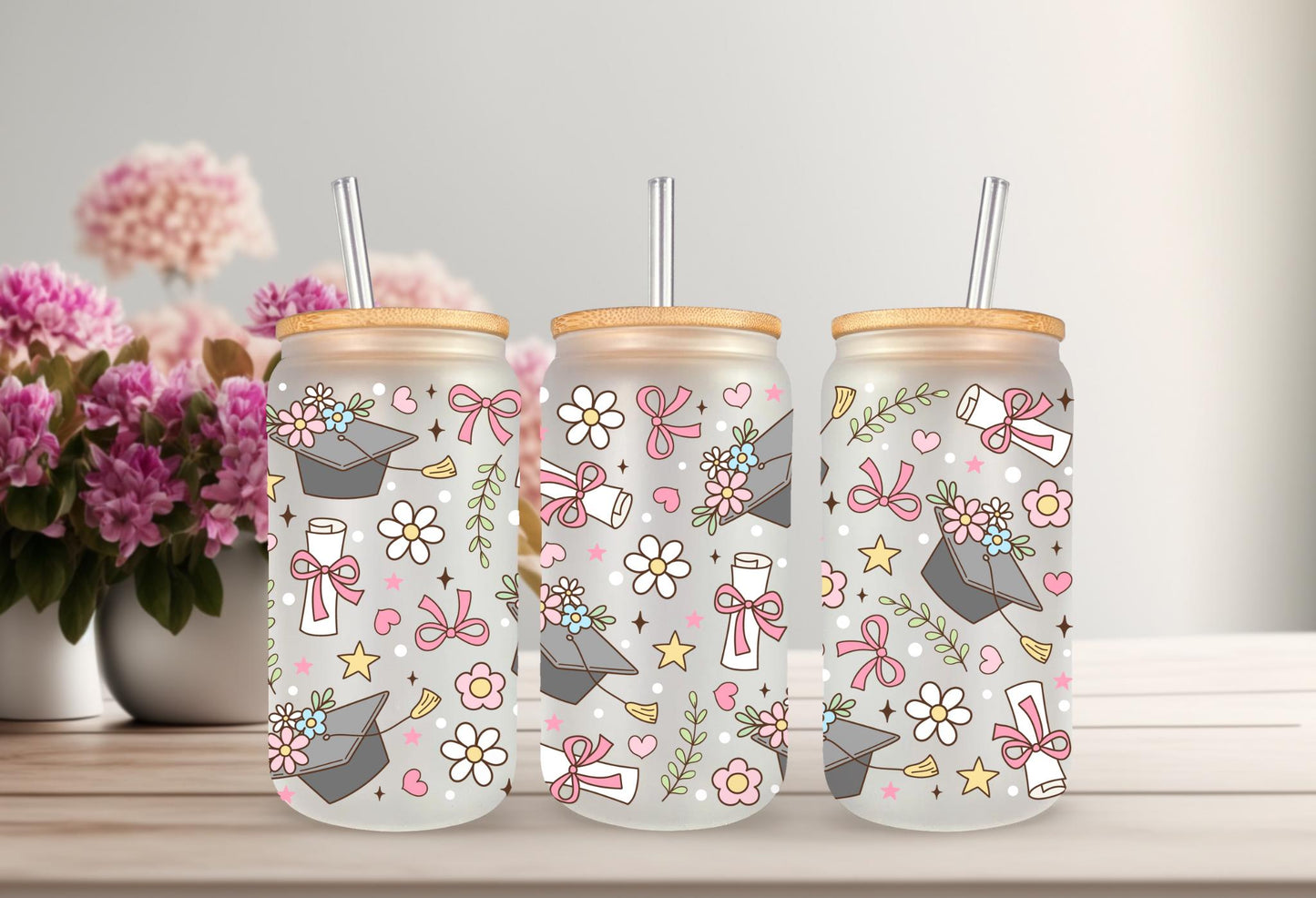 UVDTF Wrap Floral Graduation Caps 16oz Can Glass Mug Tumbler, Graduation Wrap, Ready to apply, Permanent Waterproof Adhesive