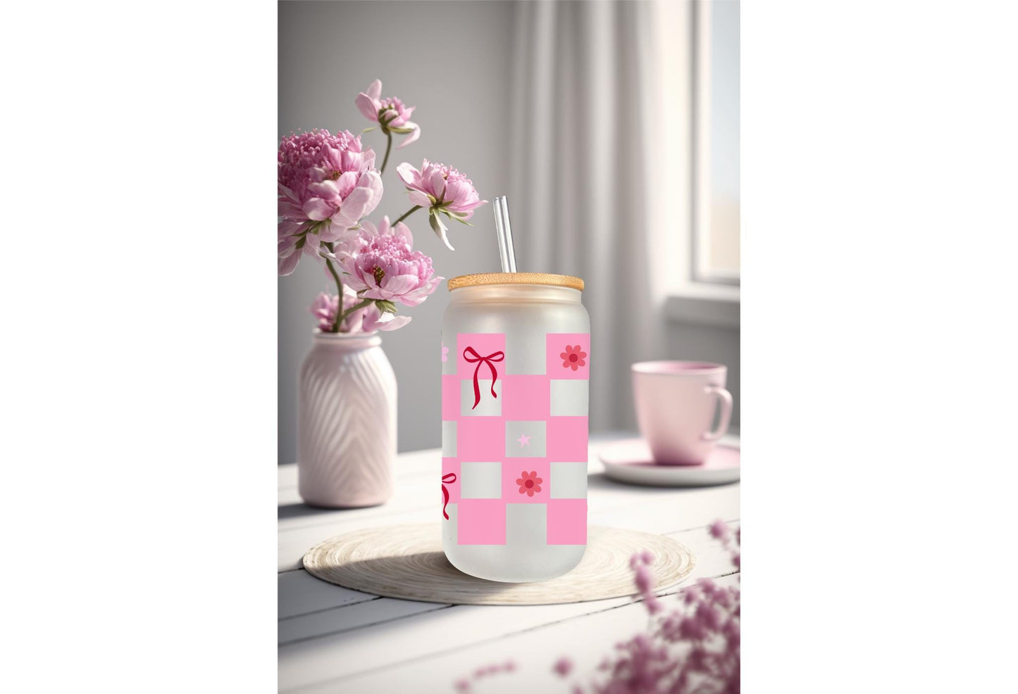 UVDTF Wrap Coquette Bows Checkered Dark Pink 16oz Can Glass Wrap Mug Tumbler, Ready to Apply, Permanent Waterproof Adhesive