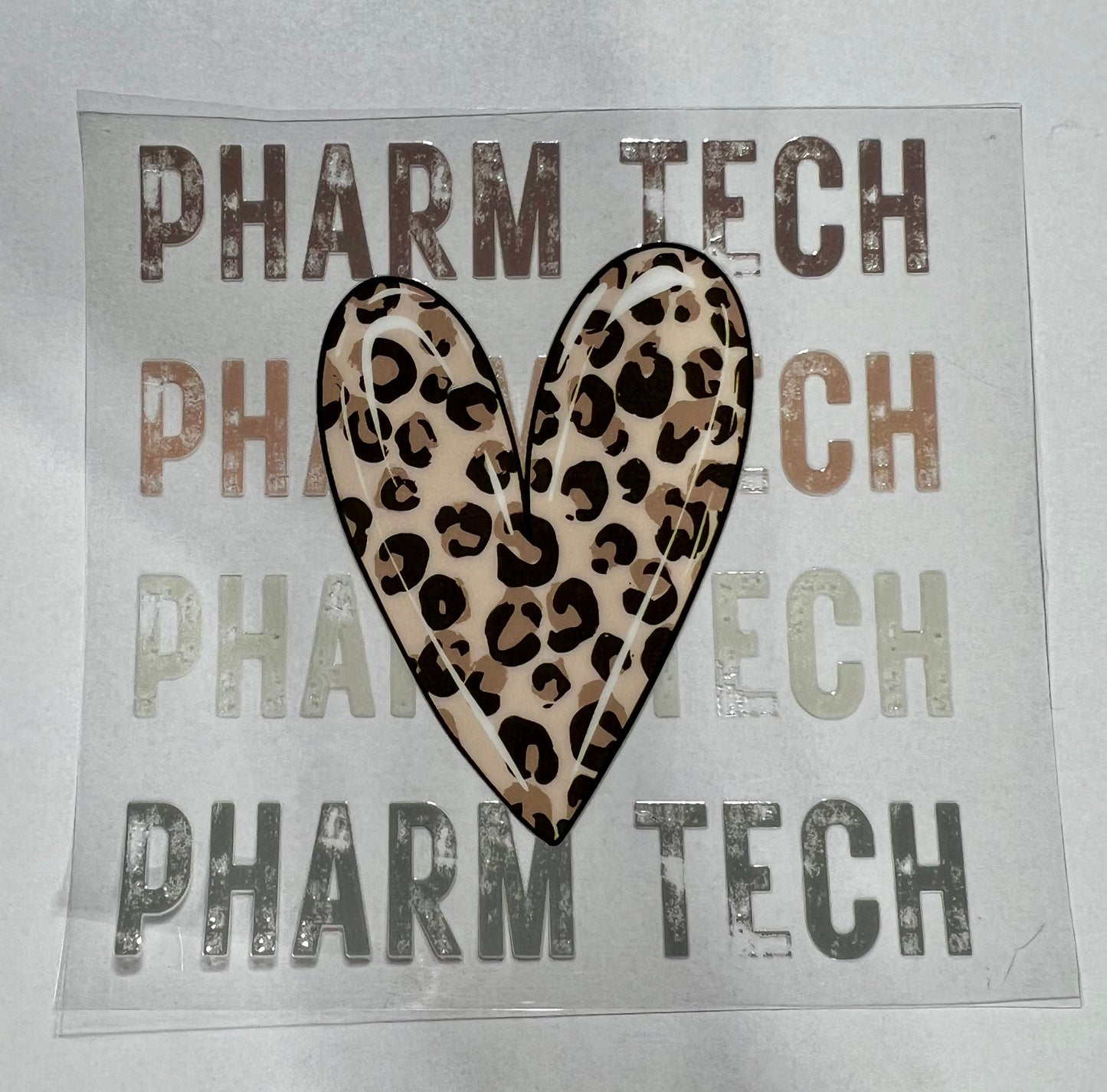 UVDTF Decal Pharm Tech Leopard Heart, 16oz Can Glass, Mug, Tumbler, Shot glass, or Keychain, Ready to Apply, Permanent Adhesive Waterproof