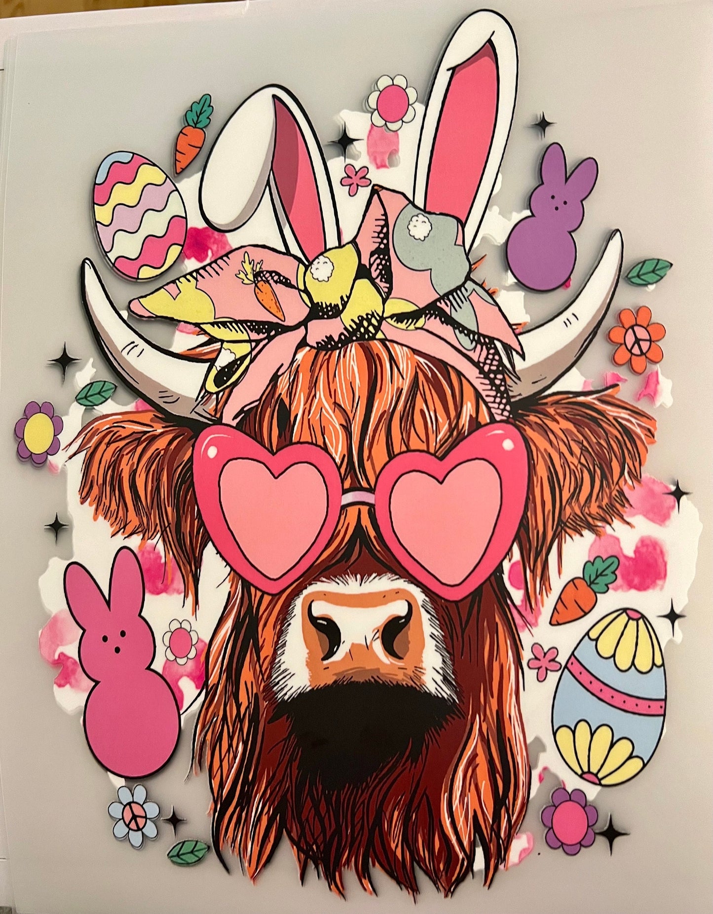 Highland Cow Bunny Print Transfer, Easter Transfer,  Ready to Press, Screen Print Transfer, Full Color Matte Clear