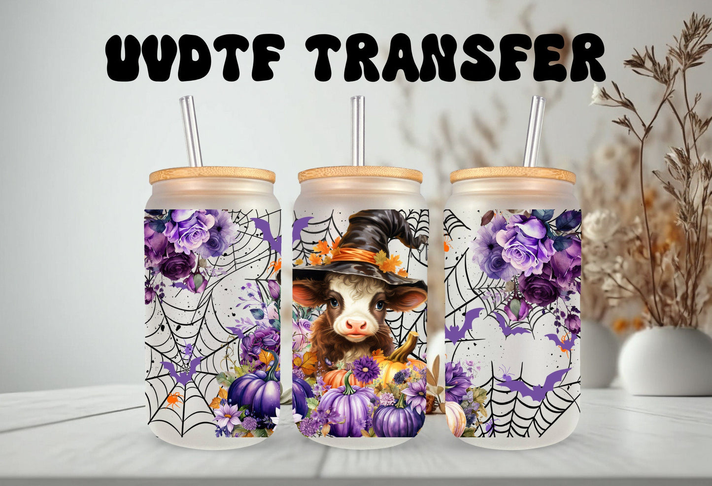 UVDTF Wrap Cow Witch Purple Floral Pumpkin 16oz Can Glass Mug Tumbler,  Ready to Apply, Permanent Waterproof Adhesive