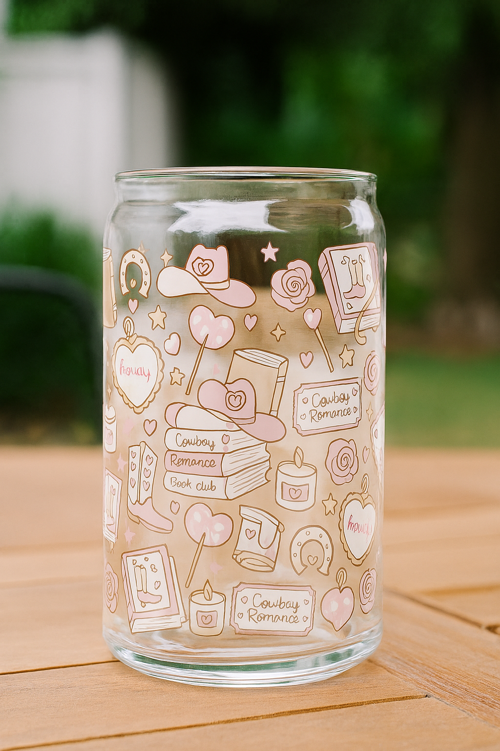 UV DTF wrap for 16oz glass can featuring cowboy romance design, peel-and-stick application.