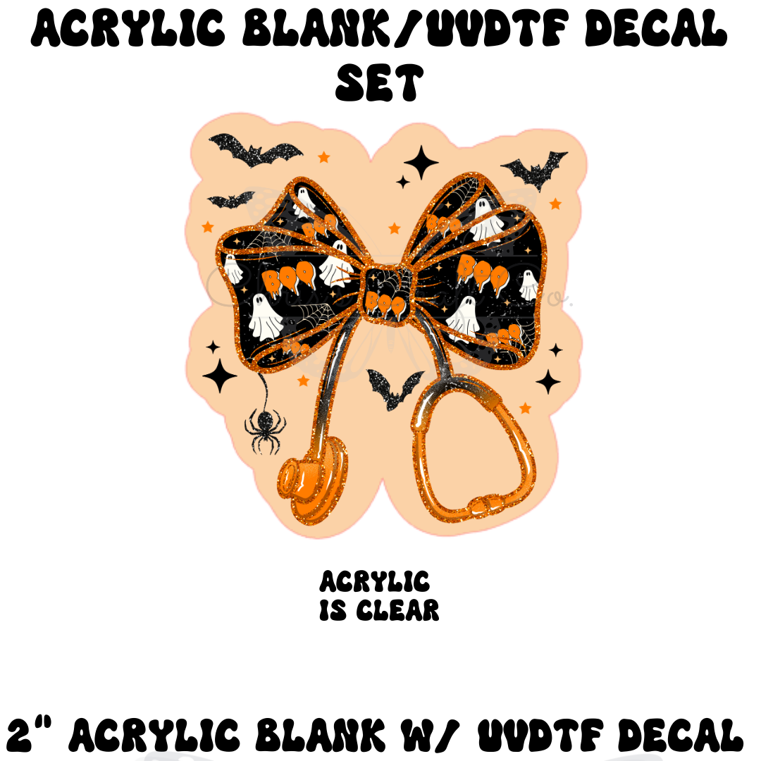 Halloween-themed bow with ghosts, bats, and pumpkins and a stethoscope silhouette, spooky DIY acrylic blank and UVDTF decal set for medical badge reels.
