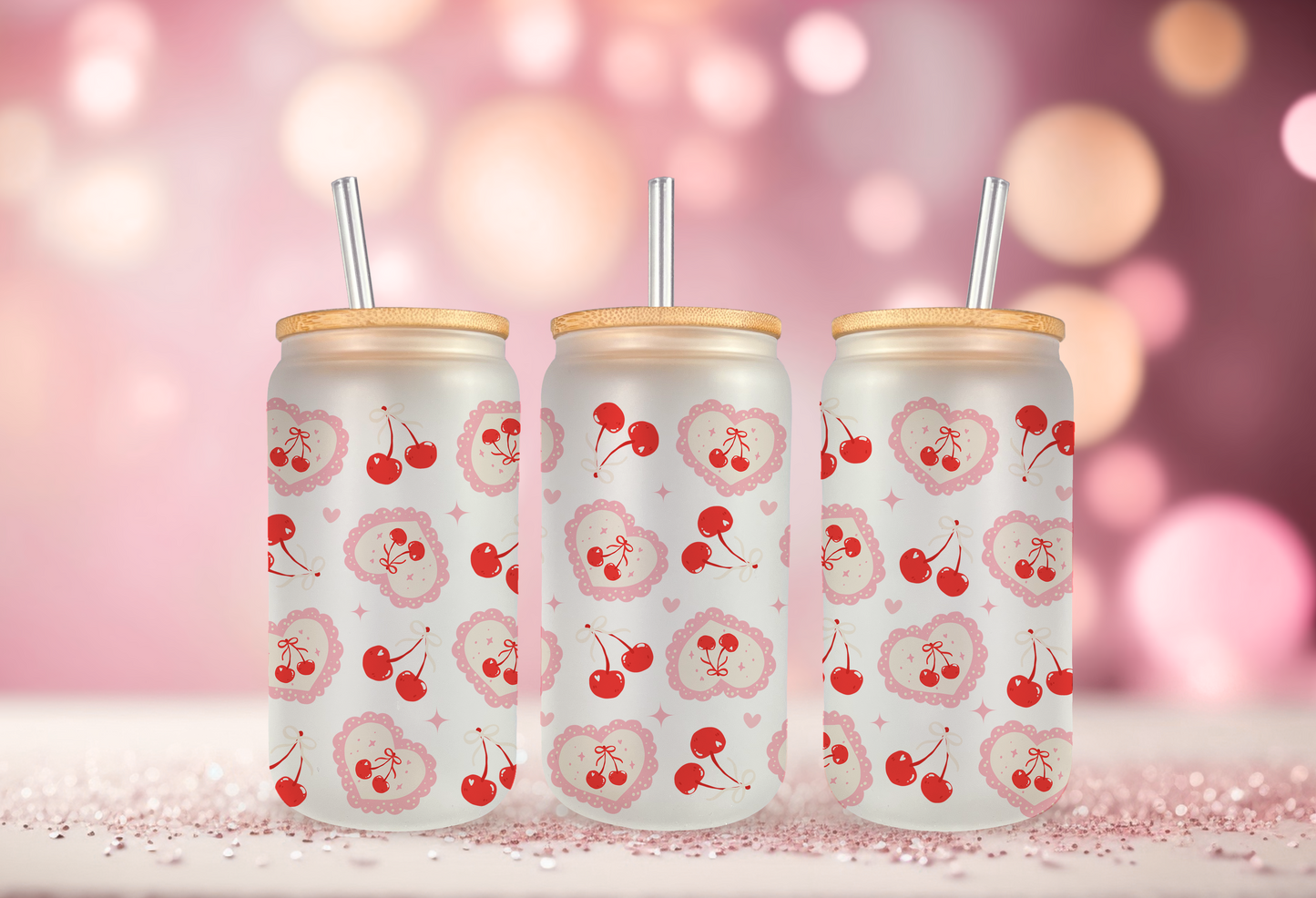 UV DTF wrap for 16oz glass can featuring cherry heart design, peel-and-stick application.