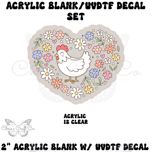 Acrylic Blank UVDTF Decal Set Floral Chicken, Offset for UV Resin/Glitter, DIY Keychain and Badge Reel Supply