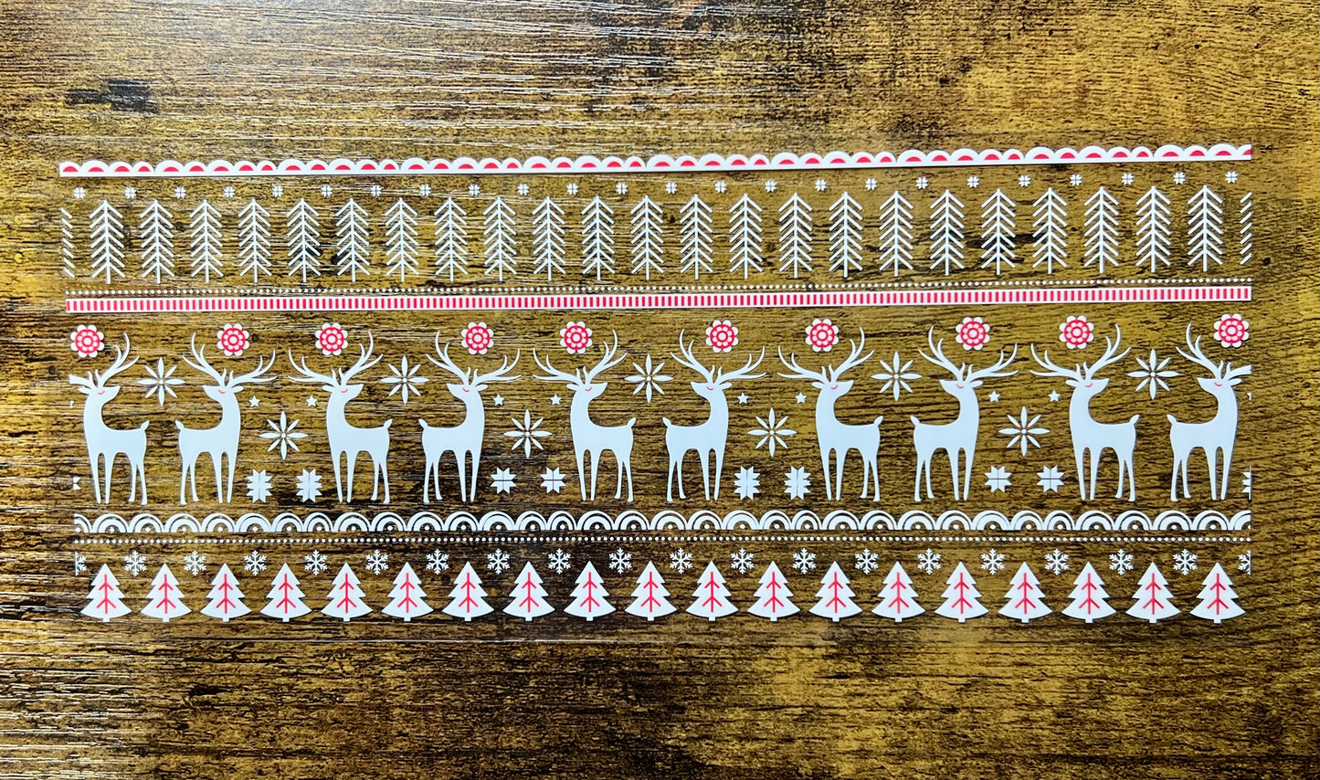 UV DTF wrap for 16oz glass can featuring festive white deer, peel-and-stick application.
