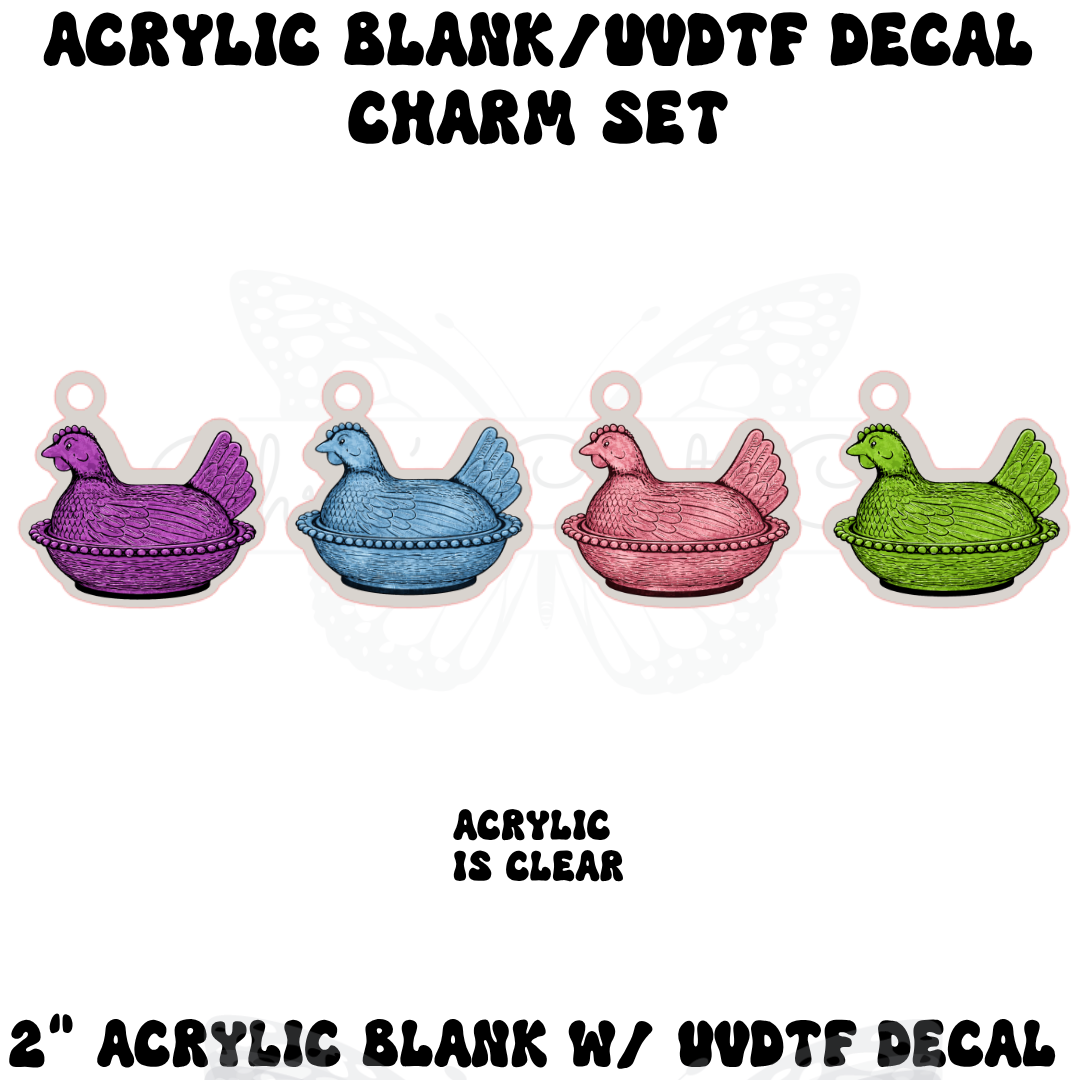 Four vintage-style hen on nest bowl charms in purple, blue, pink, and green, displayed as 1.2 inch acrylic blanks with UVDTF decals.