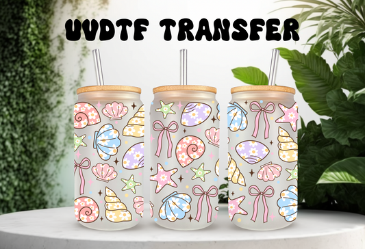 UVDTF Wrap Colorful Seashells 16oz Can Glass Mug Tumbler, Ready to apply, Permanent Waterproof Adhesive, Add on a Cup